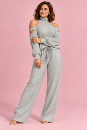 Ensemble pantalon deux pièces oversize gris à découpe | Porté sur une autre silhouette | Lounelle Paris