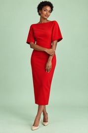 Robe midi rouge avec cape amovible | Vue de face | Lounelle Paris