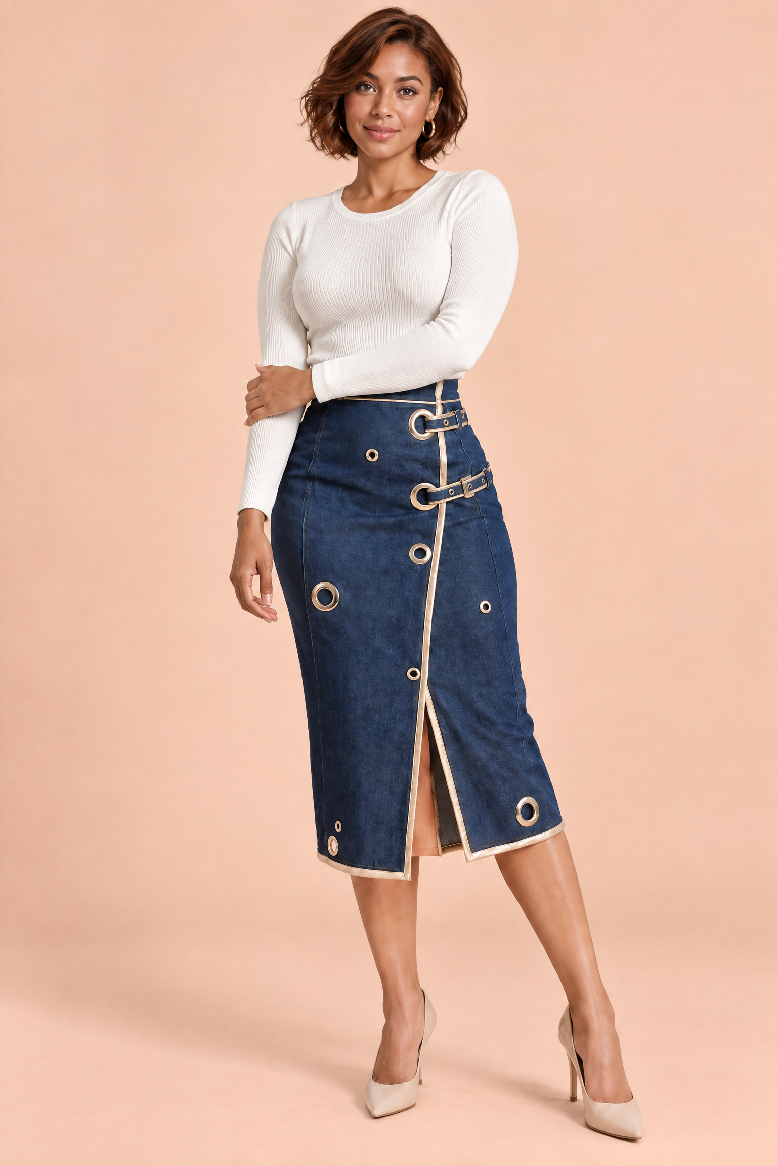 Jupe crayon midi bleue taille haute | Porté sur une autre silhouette | Lounelle Paris