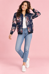 Chaqueta bomber entallada azul marino con estampado floral