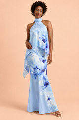 Vestido largo azul asimétrico con flores