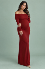 Vestido maxi premamá burdeos de malla fruncida con escote bardot
