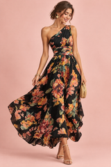 Vestido floral negro de un solo hombro