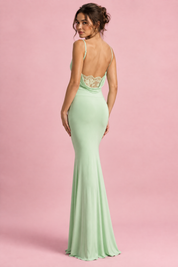 Robe longue moulante vert clair à col bénitier | Vue de dos | Lounelle Paris