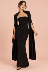 Vestido largo ajustado negro con escote cuadrado
