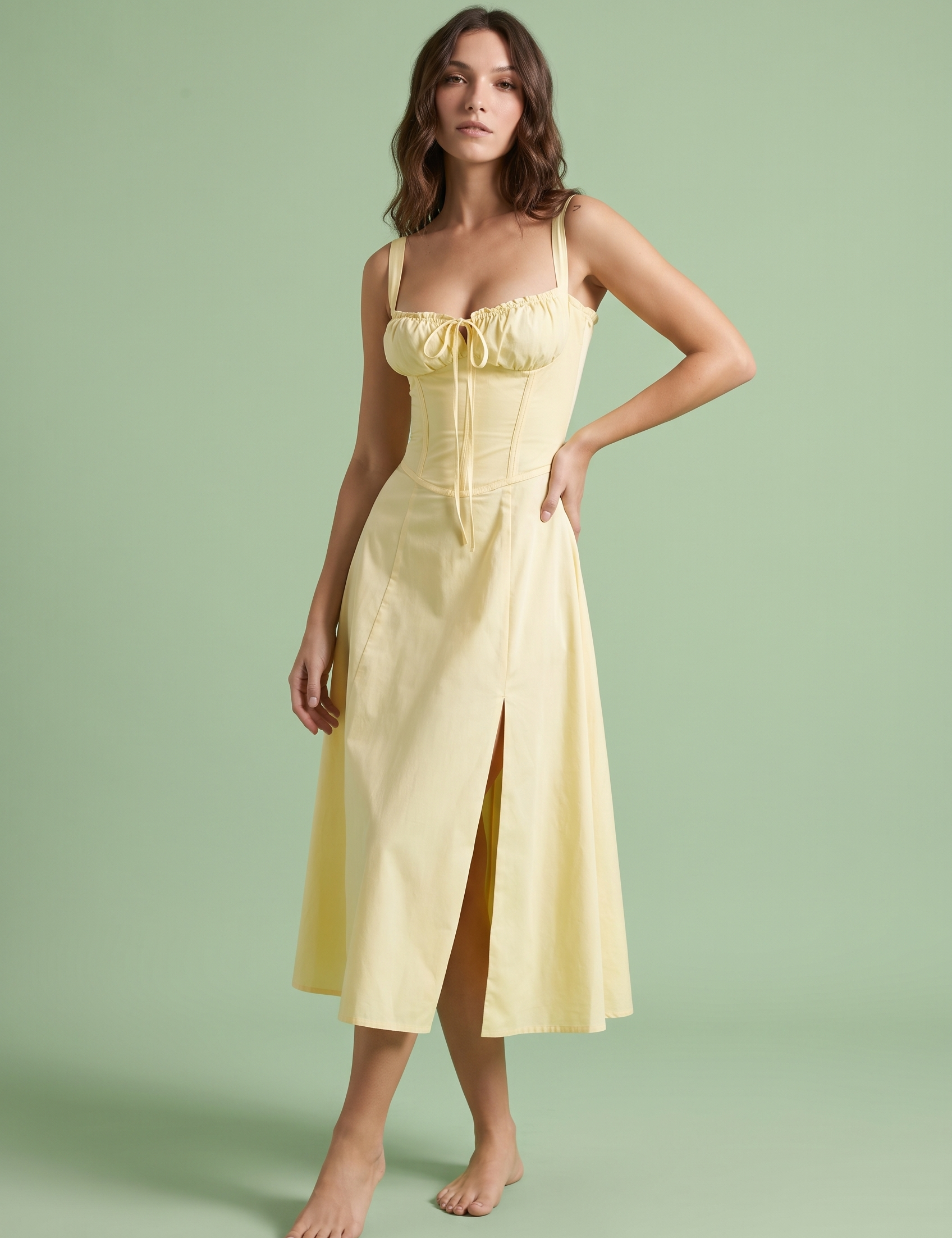 Robe midi jaune clair à coupe trapèze et encolure carrée | Vue de face | Lounelle Paris
