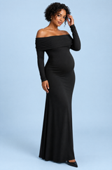 Vestido maxi premamá negro de malla fruncida con escote bardot