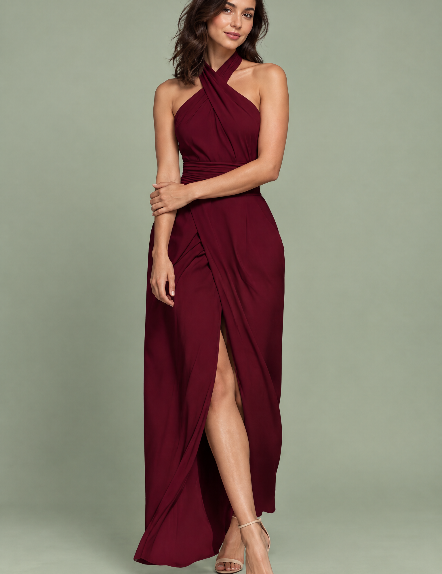 Robe longue bordeaux fendue à col américain | Vue de face | Lounelle Paris