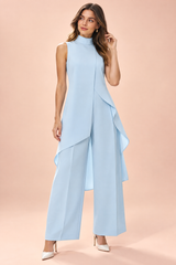 Conjunto azul fluido de pantalón y top sin mangas de cuello alto