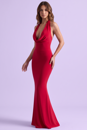 Robe longue rouge dos nu à col bénitier, coupe sirène | Vue de face | Lounelle Paris