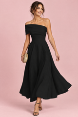 Vestido negro asimétrico de hombros descubiertos
