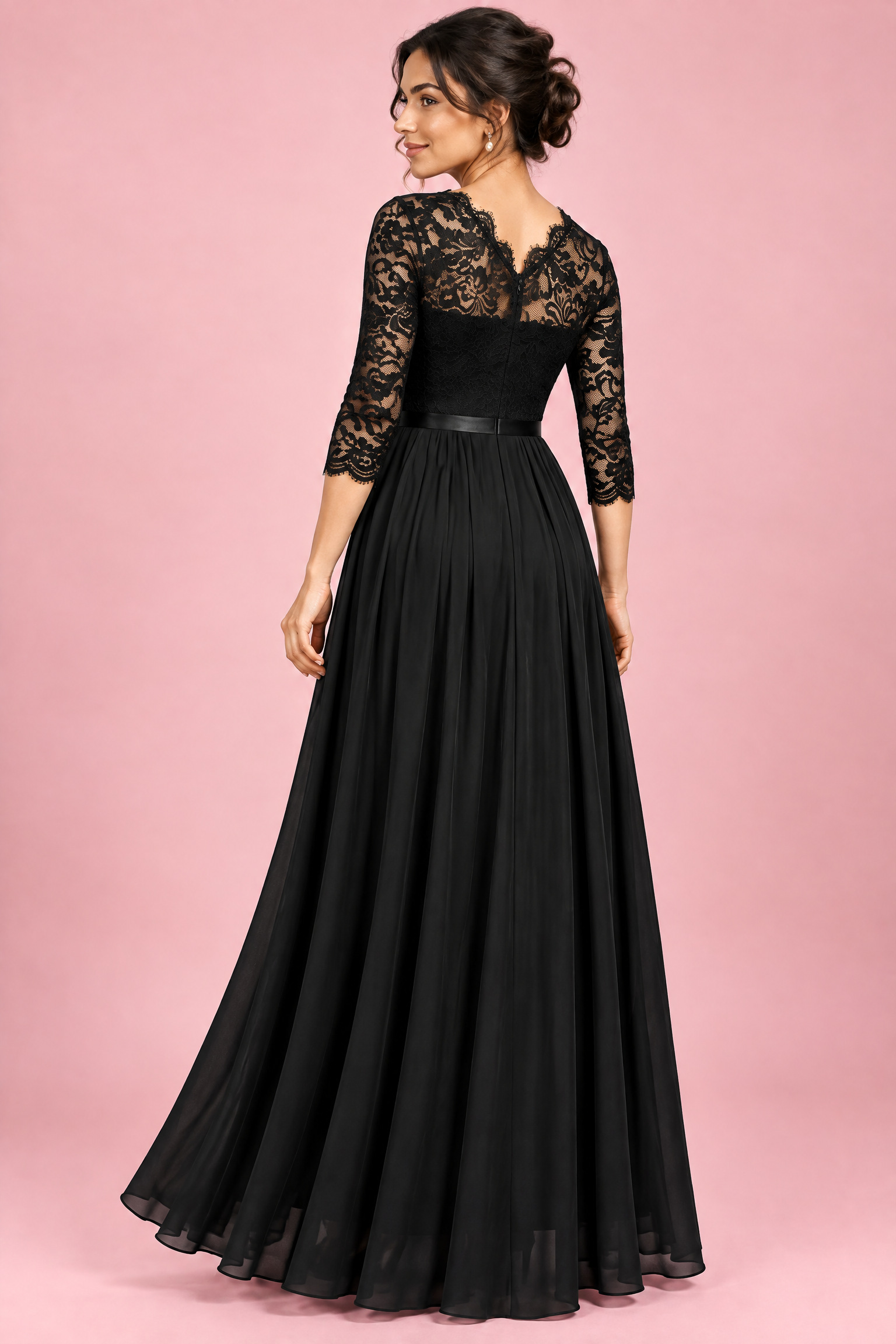 Robe longue noire à empiècement en dentelle | Vue de dos | Lounelle Paris