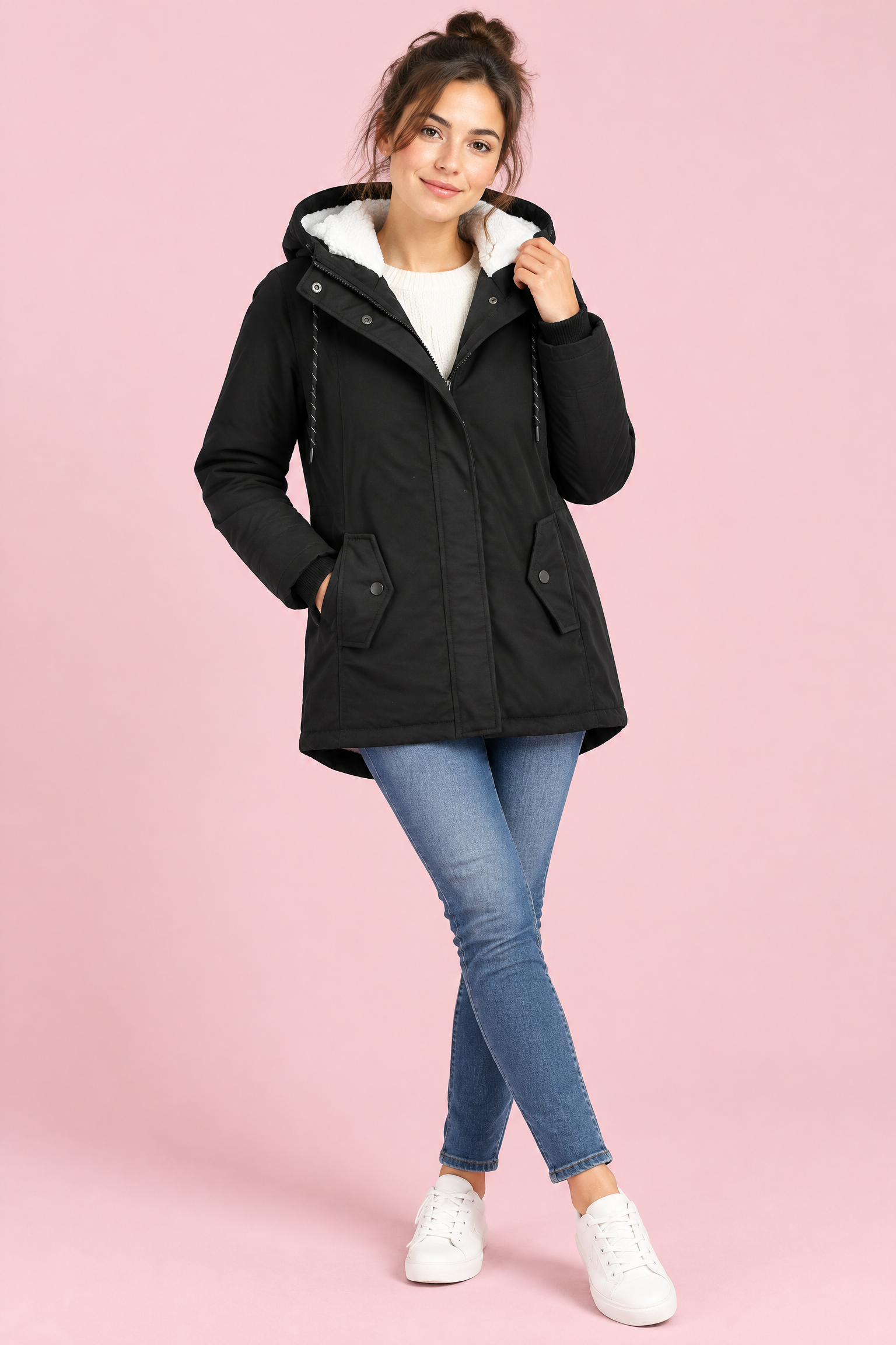 Parka noire oversize à capuche | Vue de face | Lounelle Paris