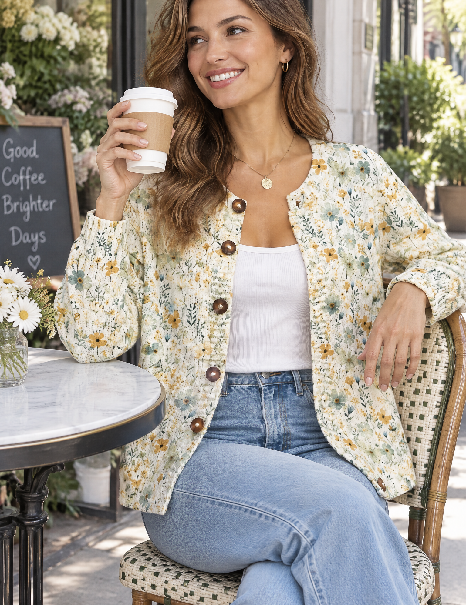 Cardigan fleuri boutonné blanc cassé | Photo lifestyle | Lounelle Paris