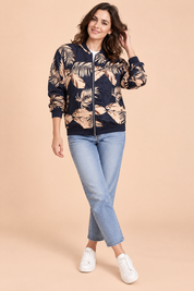 Veste bomber fleurie ajustée bleu mer | Vue de face | Lounelle Paris