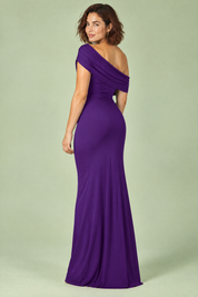Robe longue violette à encolure Bardot et bretelle torsadée | Vue de dos | Lounelle Paris