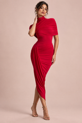 Vestido midi rojo asimétrico con capa retorcida
