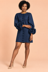 Vestido recto azul marino con mangas abullonadas