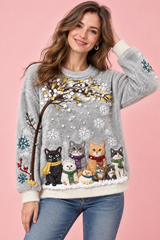 Jersey gris oversize con estampado de gatos