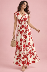 Vestido largo blanco roto con estampado floral y cintura fruncida
