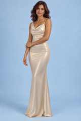 Vestido largo beige de corte al bies con escote delantero drapeado