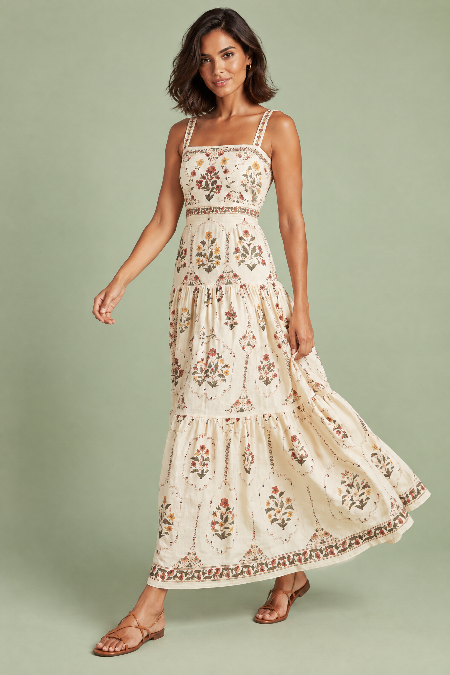 Robe longue écrue fleurie à volants | Vue en mouvement | Lounelle Paris