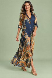 Robe-chemise midi imprimée bleu marine | Vue en mouvement | Lounelle Paris