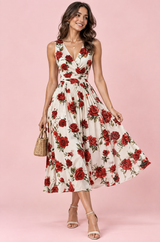 Vestido midi rojo con estampado floral de ramo y escote cuadrado