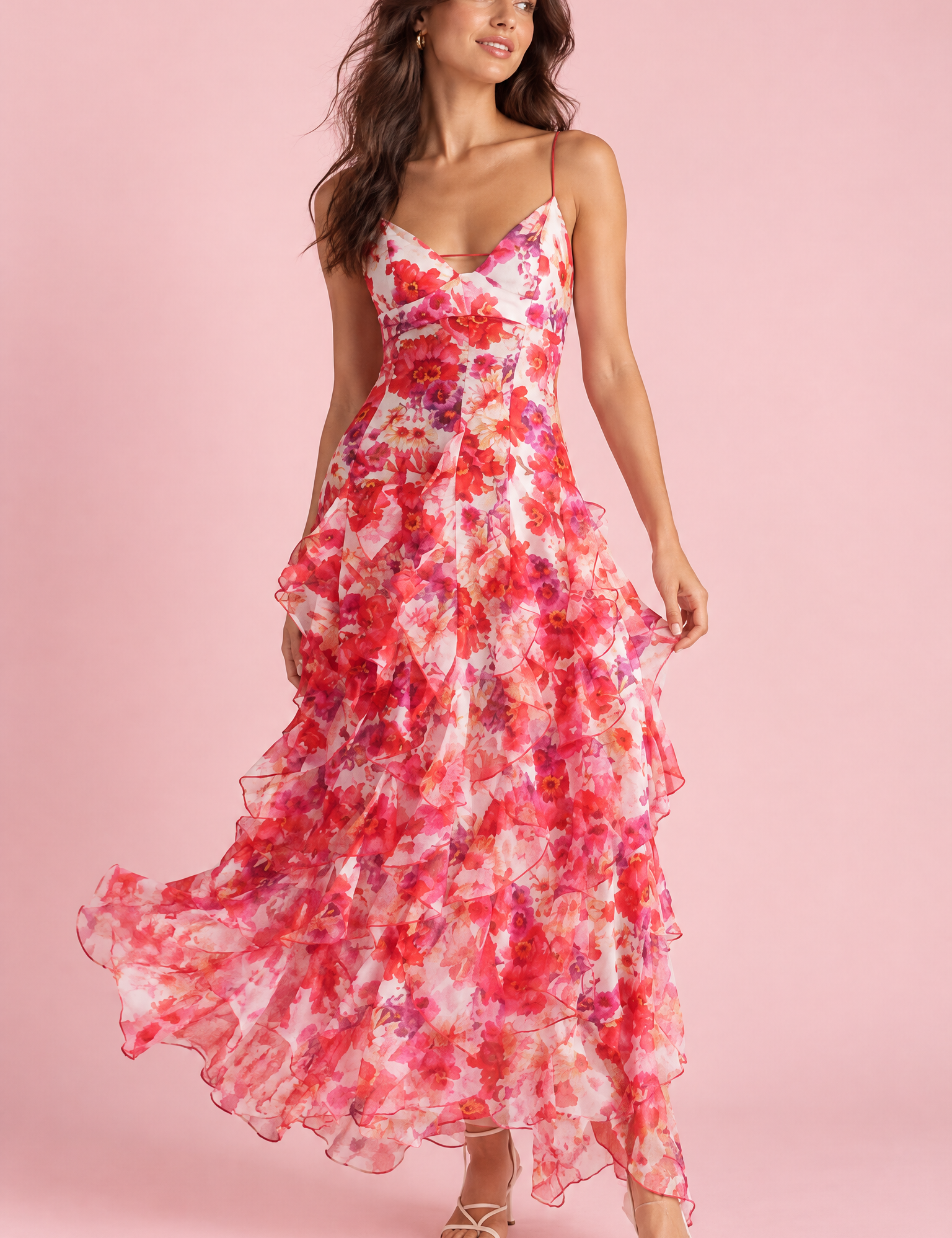 Robe longue rouge asymétrique à manches cape et imprimé lys | Vue de face | Lounelle Paris