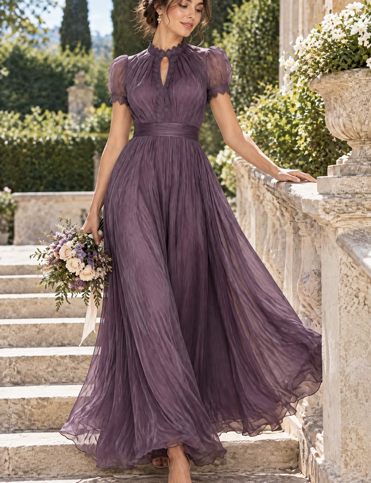 Robe longue violette à volants | Photo lifestyle | Lounelle Paris