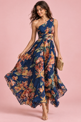 Vestido floral azul de un solo hombro