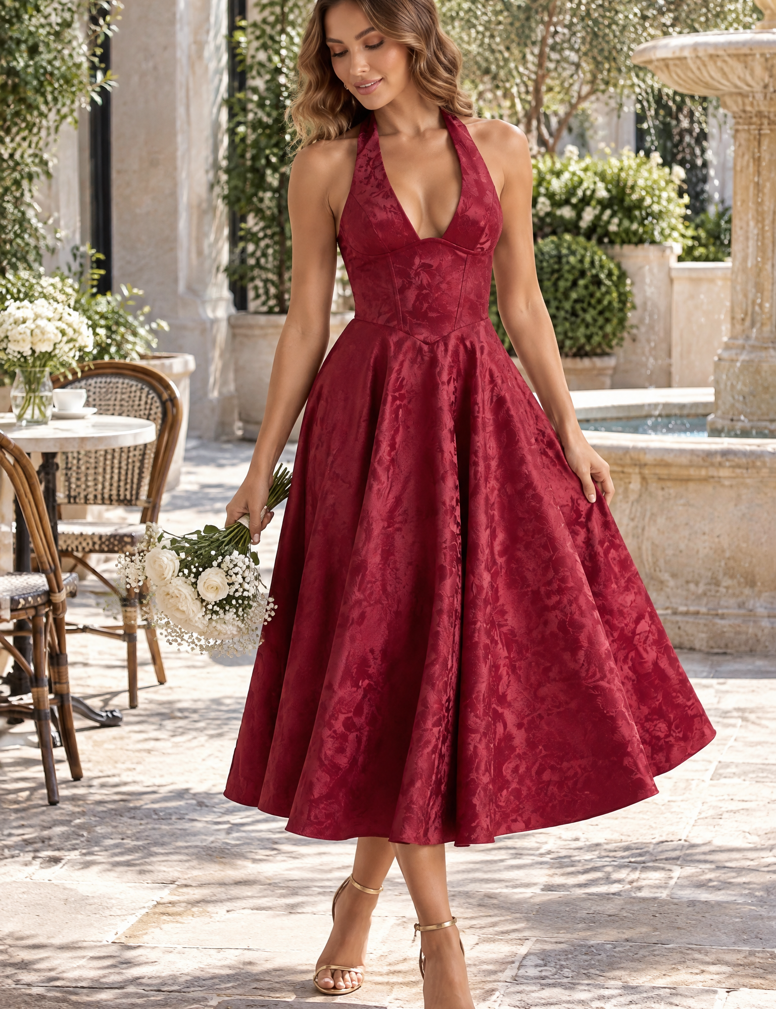 Robe midi jacquard à encolure dos nu bordeaux | Photo lifestyle | Lounelle Paris
