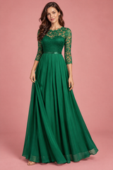 Vestido largo verde con panel de encaje