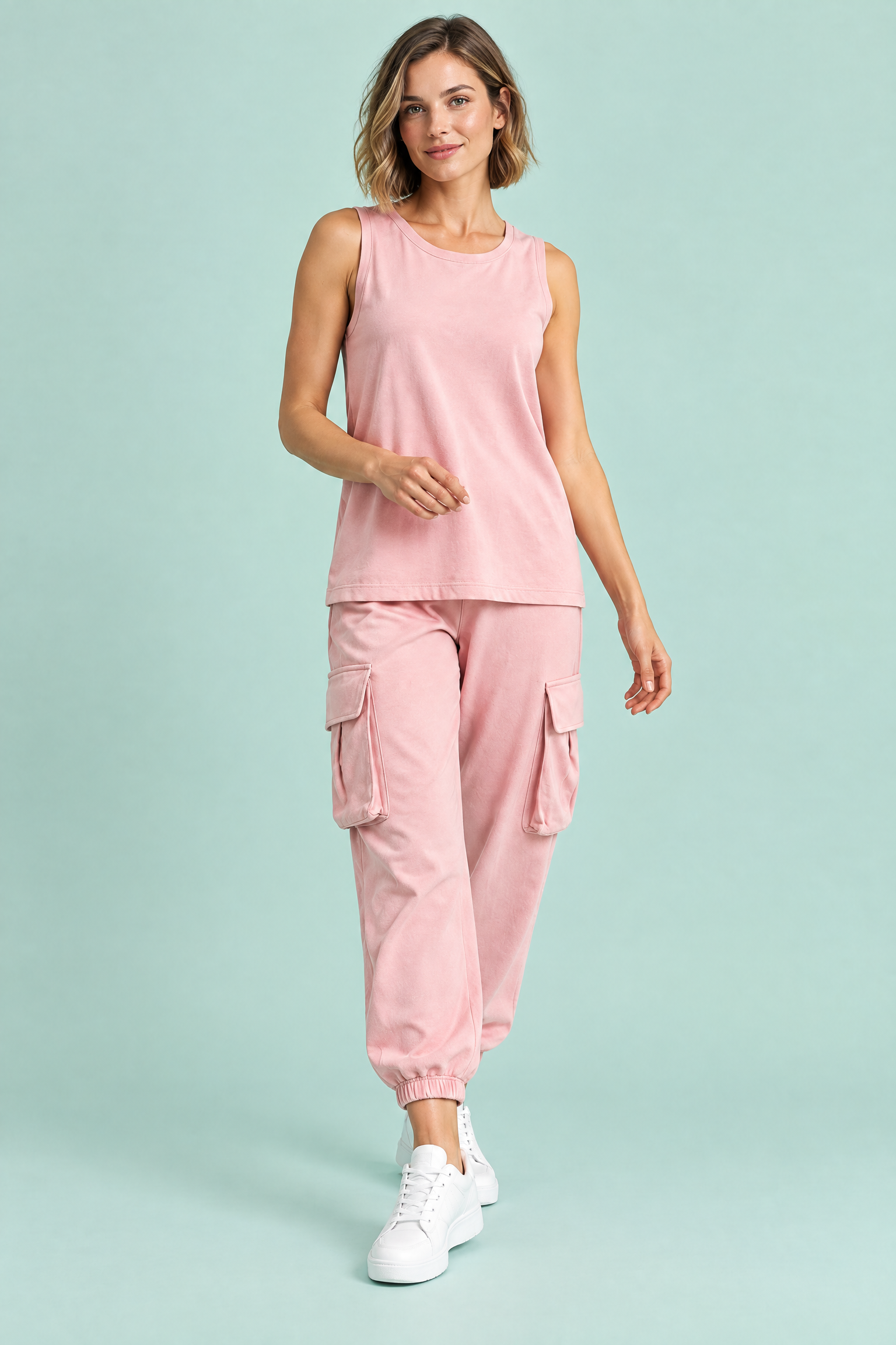 Ensemble deux pièces fluide avec débardeur et pantalon – rose | Vue en mouvement | Lounelle Paris