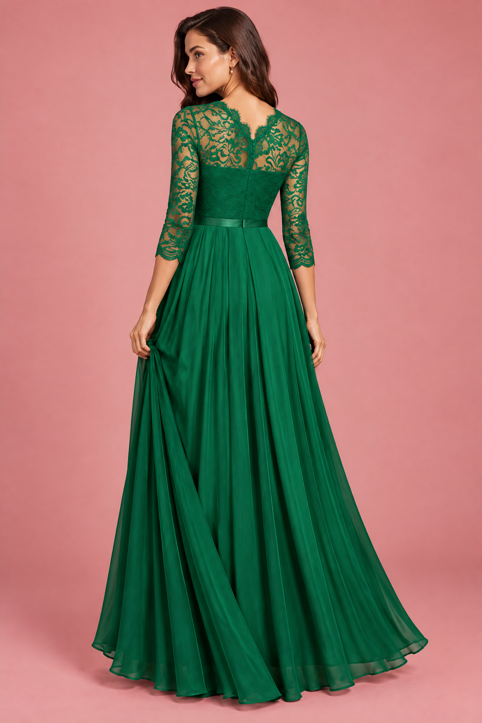 Robe longue verte à empiècement en dentelle | Vue de dos | Lounelle Paris
