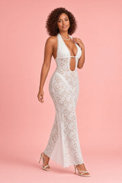 Robe blanche dos nu à encolure américaine | Porté sur une autre silhouette | Lounelle Paris