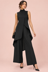 Conjunto negro fluido de pantalón y top sin mangas de cuello alto