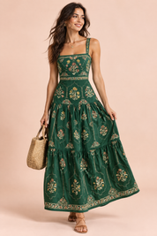 Robe longue vert forêt fleurie à volants | Vue de face | Lounelle Paris