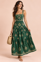 Vestido largo verde bosque de flores con volantes