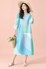 Vestido midi plisado azul de corte evasé