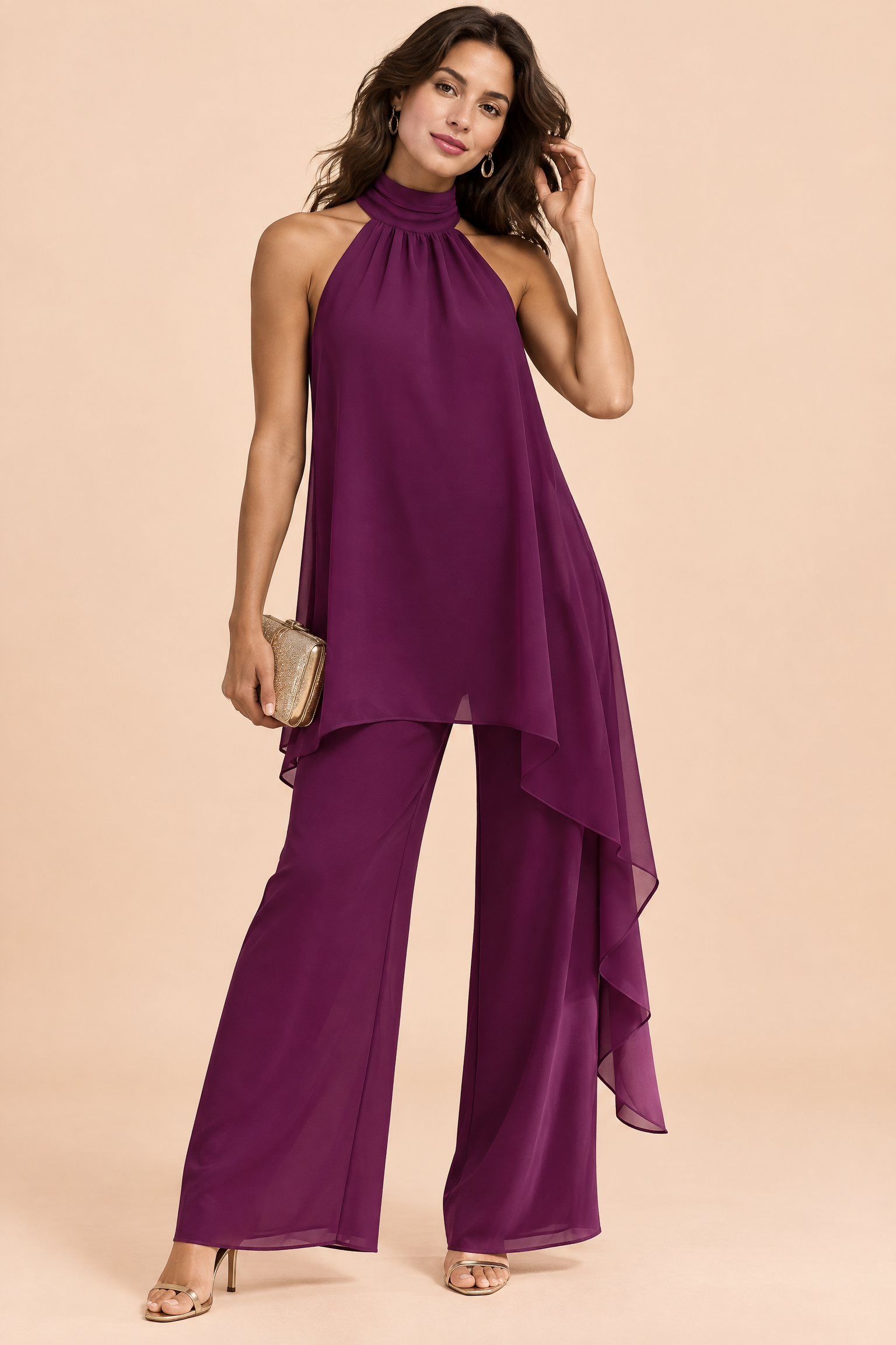 Ensemble pantalon fluide violet sans manches | Vue de face | Lounelle Paris