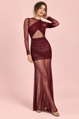 Vestido largo burdeos ceñido con frunces