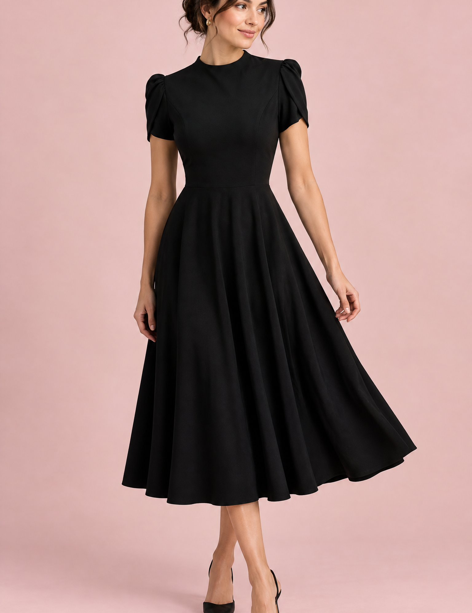 Robe midi noire à col montant et manches bouffantes | Vue de face | Lounelle Paris