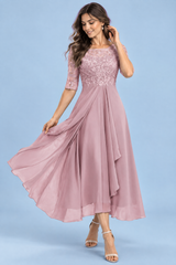 Vestido midi de gasa con cuerpo bordado Rosa empolvado