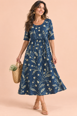 Vestido midi floral de corte evasé en azul marino