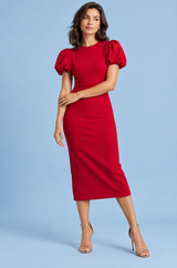 Vestido midi rojo con mangas abullonadas