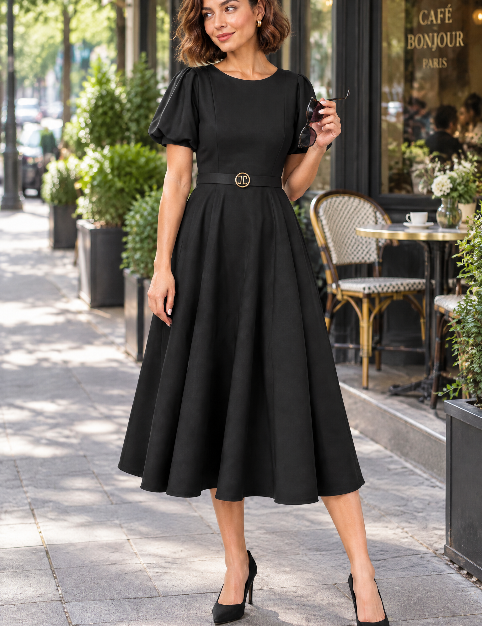 Robe midi noire à col montant et manches bouffantes | Photo lifestyle | Lounelle Paris