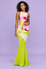 Vestido largo verde con estampado de amapolas y aberturas