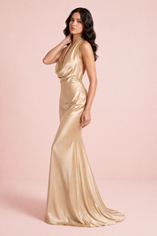 Robe longue sirène champagne dos nu à col bénitier | Vue de dos | Lounelle Paris