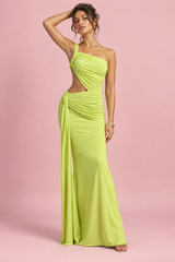 Vestido largo asimétrico verde con falda cruzada